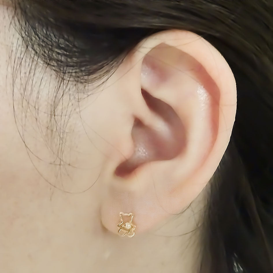 Amor Eterno - Broqueles Oso Corazón / Arete / Oro Sólido 10k
