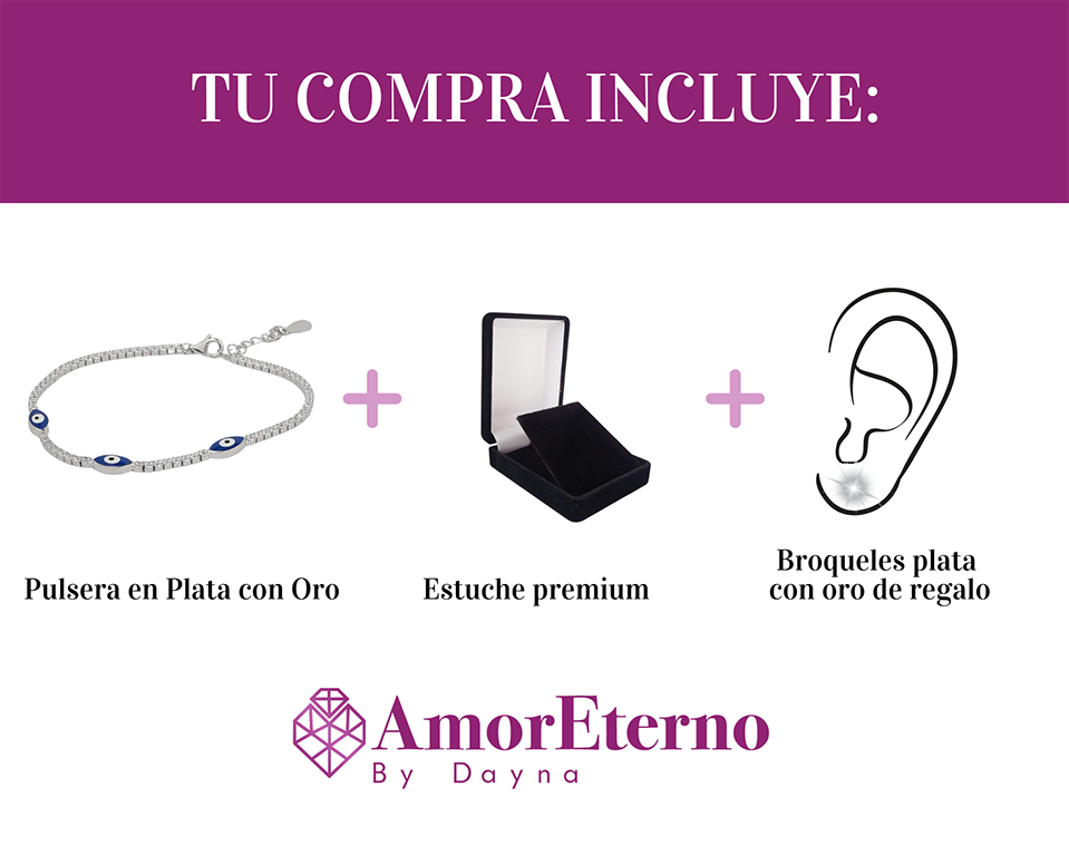 Amor Eterno- Pulsera Tennis Ojo Turco Plata Con Oro 24k