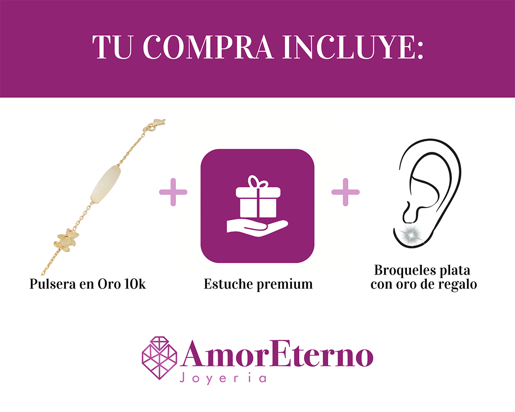 Amor Eterno - Esclava Pulsera Niña / Infantil Oro 10k Sólido / Osito