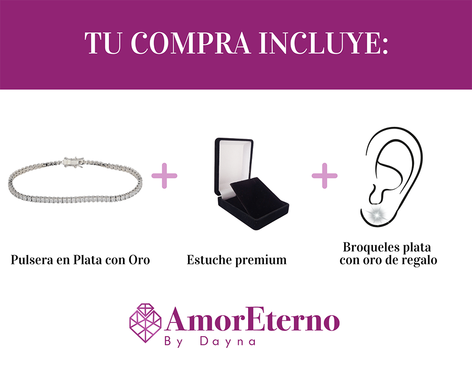 Amor Eterno- Pulsera Tennis Corte Princess Plata Con Oro 24k