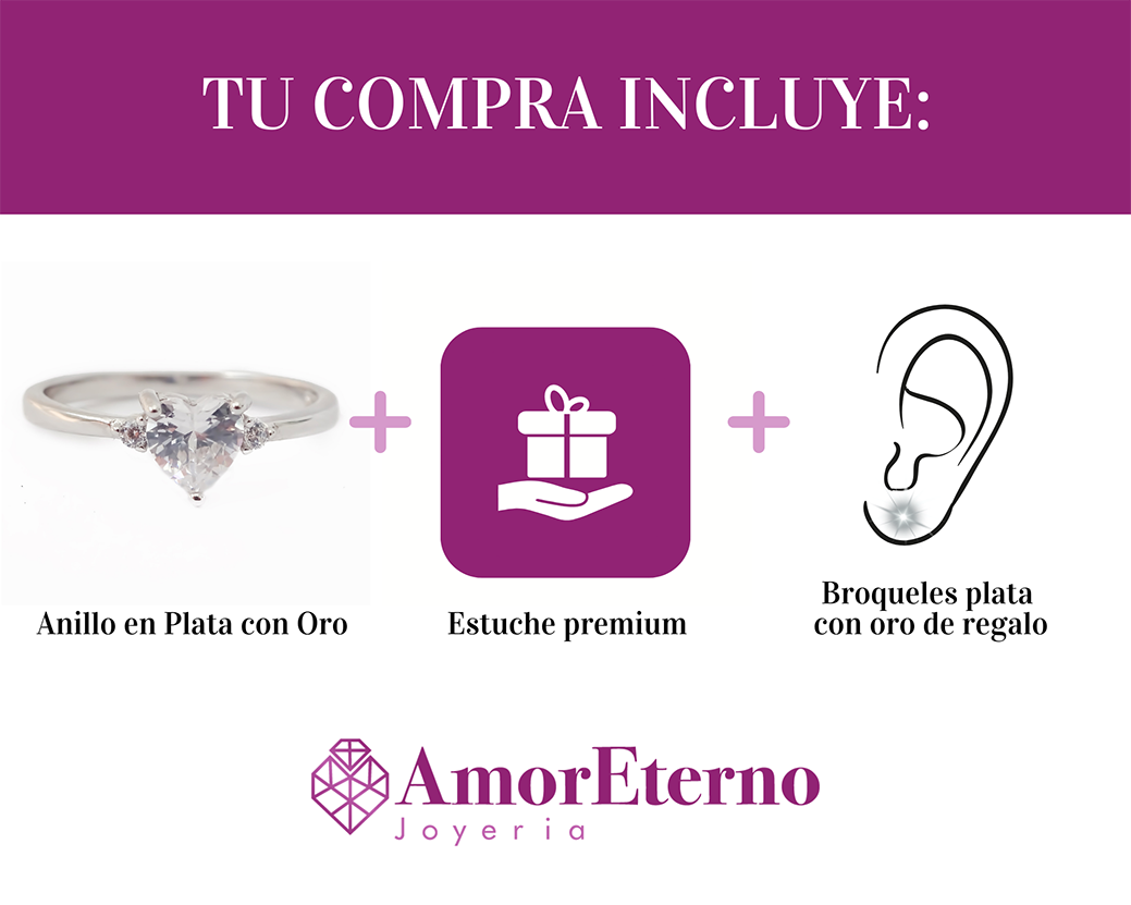 Amor Eterno - Anillo Solitario Corazón / Plata Con Oro