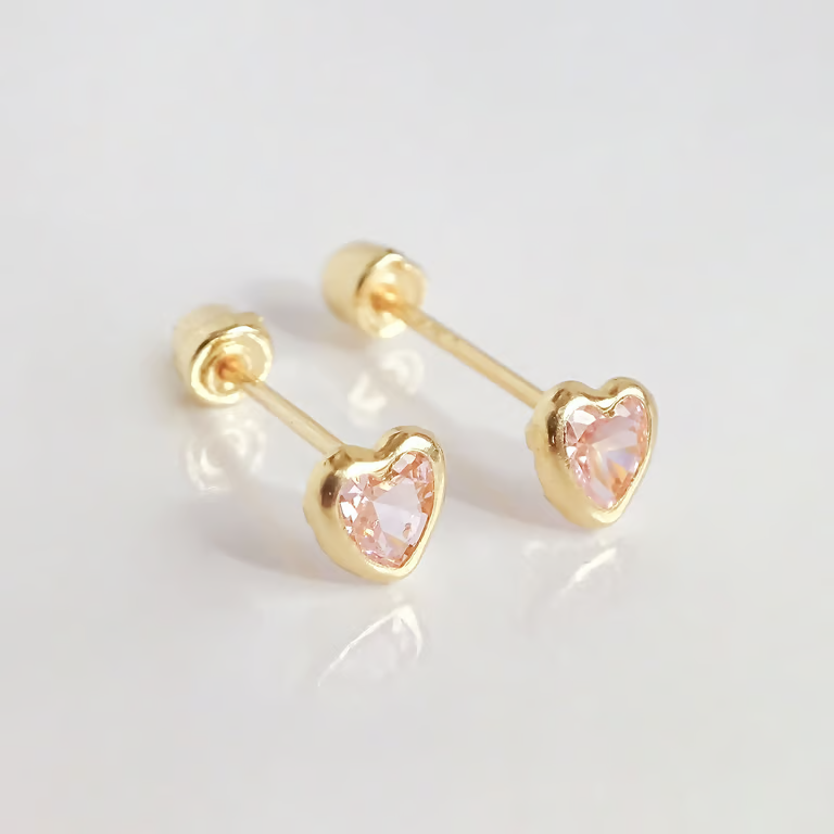Amor Eterno - Broquel Corazón Bisel Mini Bebé Aretes Oro 10k / ROSA