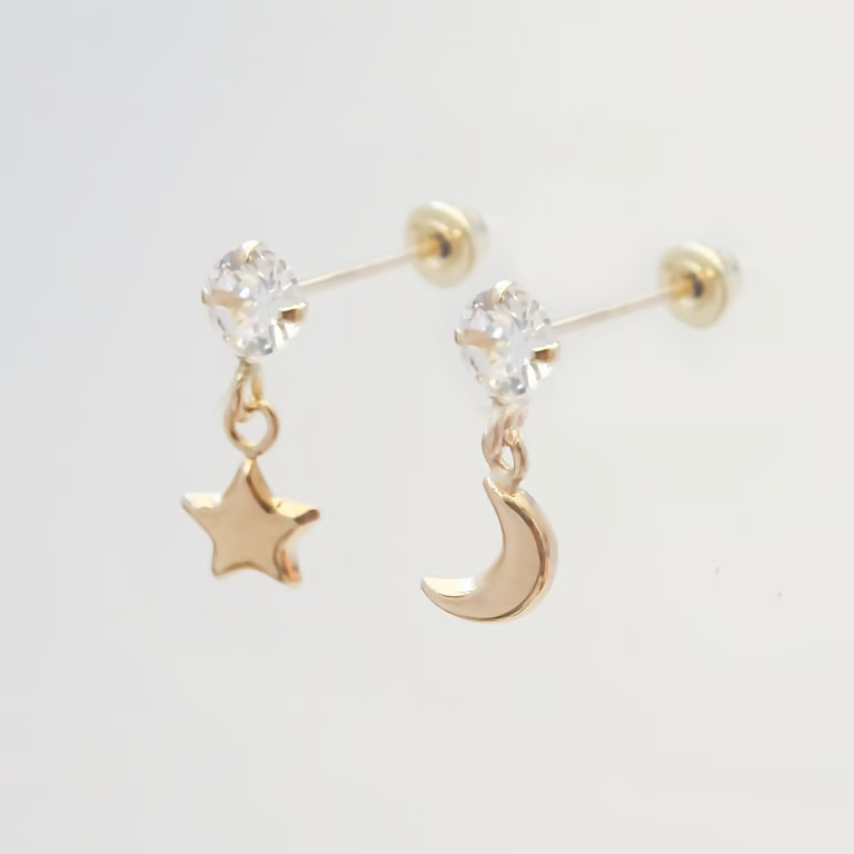 Amor Eterno - Broqueles Destello Luna Estrella Aretes 10k
