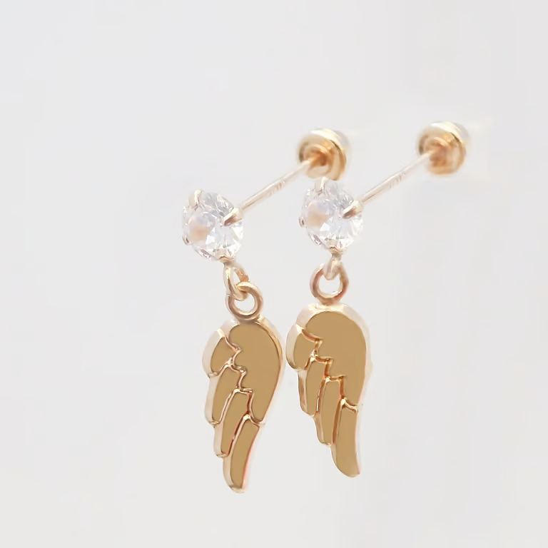 Amor Eterno - Broqueles Alas Ángel Arcangel Destello Oro 10k