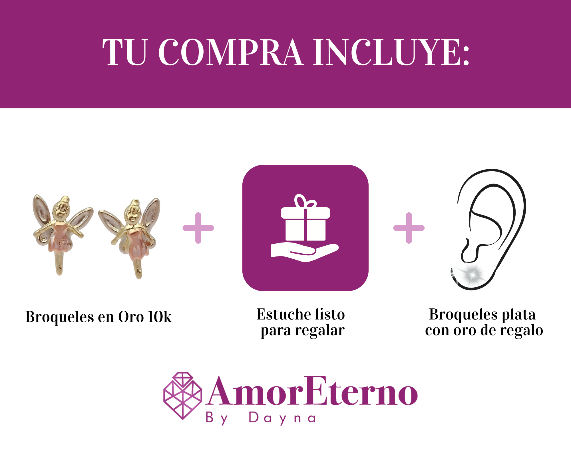 Amor Eterno - Broqueles Hada / Aretes Oro Sólido 10k