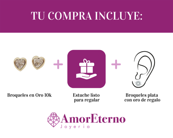 Amor Eterno - Broquel Corazón Bisel Mini Bebé Aretes Oro 10k / Transparente - Imagen 8