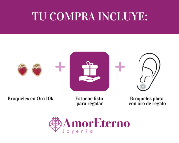 Amor Eterno - Broquel Corazón Bisel Mini Bebé Aretes Oro 10k - Rojo - Imagen 10