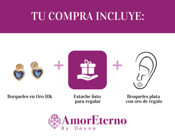 Amor Eterno - Broquel Corazón Bisel Mini Bebé Aretes Oro 10k - Azul - Imagen 8