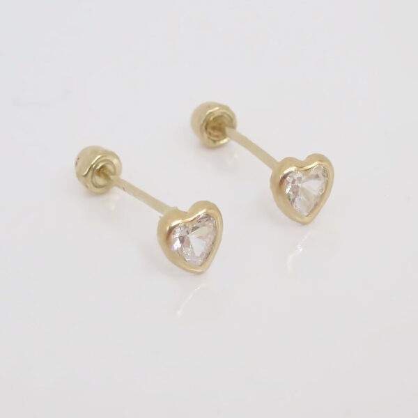 Amor Eterno - Broquel Corazón Bisel Mini Bebé Aretes Oro 10k / Transparente - Imagen 4