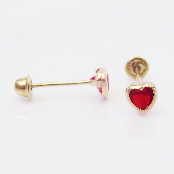 Amor Eterno - Broquel Corazón Bisel Mini Bebé Aretes Oro 10k - Rojo - Imagen 7