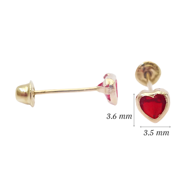 Amor Eterno - Broquel Corazón Bisel Mini Bebé Aretes Oro 10k - Rojo - Imagen 2