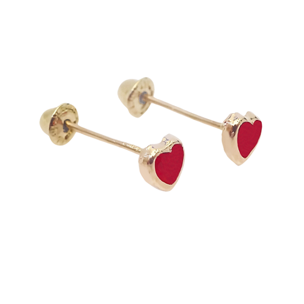 Amor Eterno - Broquel Corazón Bisel Mini Bebé Aretes Oro 10k - Rojo