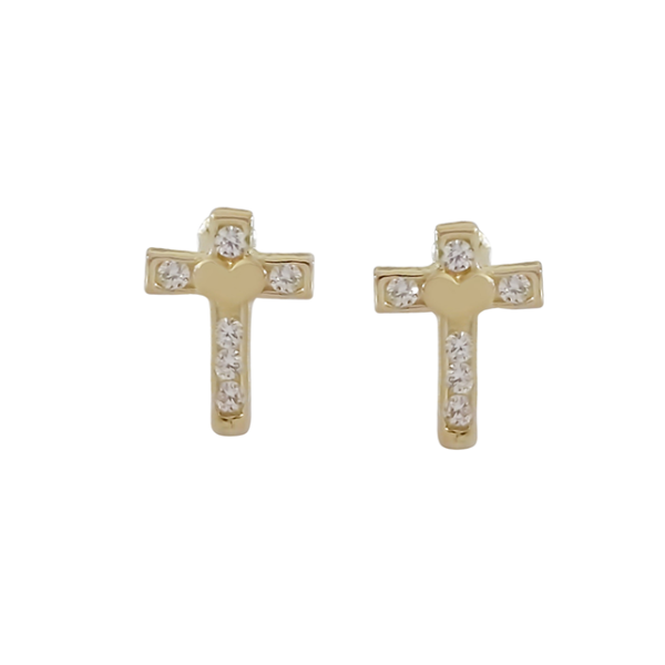 Amor Eterno - Broquel Aretes Cruz Corazón Diamante / Oro 10k