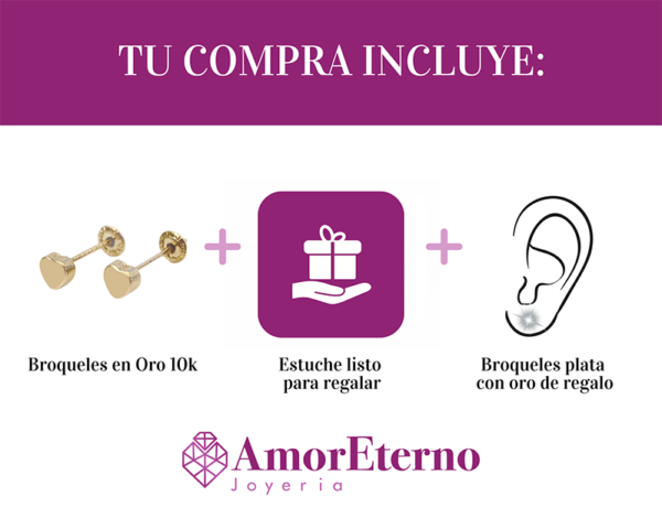 Amor Eterno - Broqueles Corazón Espejo 3mm Aretes Oro 10k - Imagen 7