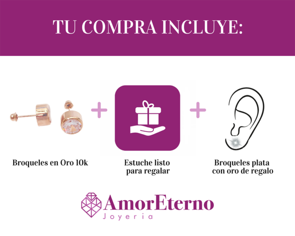 Amor Eterno - Broqueles Tambor 6mm / Aretes / Oro 10k / Rosa - Imagen 8