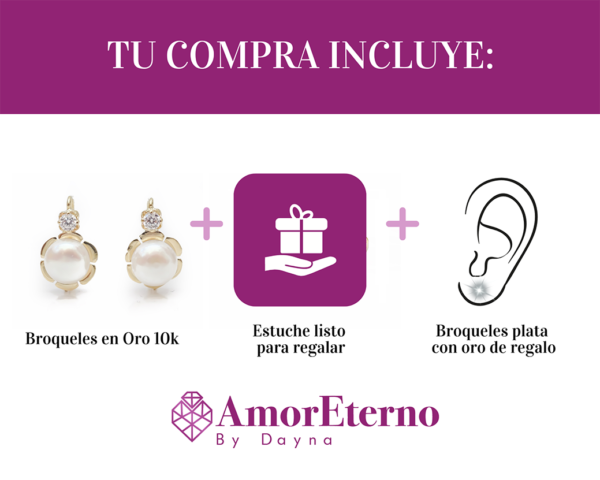 Amor Eterno - Arracada Flor Perla Diamante Aretes / Oro 10k - Imagen 9