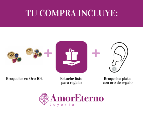 Amor Eterno - Broqueles Mini Trébol / Aretes / Oro 10k / Multicolor - Imagen 9