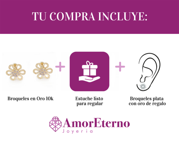 Amor Eterno- Broqueles Flor Diamante Facetada Aretes Oro 10k - Imagen 9