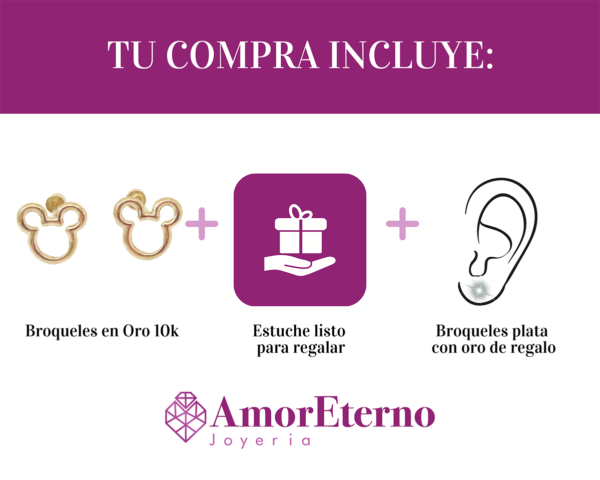 Amor Eterno - Broqueles Disney Silueta Mickey Aretes / Oro 10k - Imagen 7