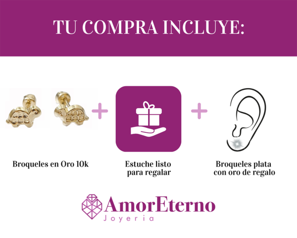 Amor Eterno - Broqueles Tortuga Mini Bebé / Aretes / Oro 10k - Imagen 9