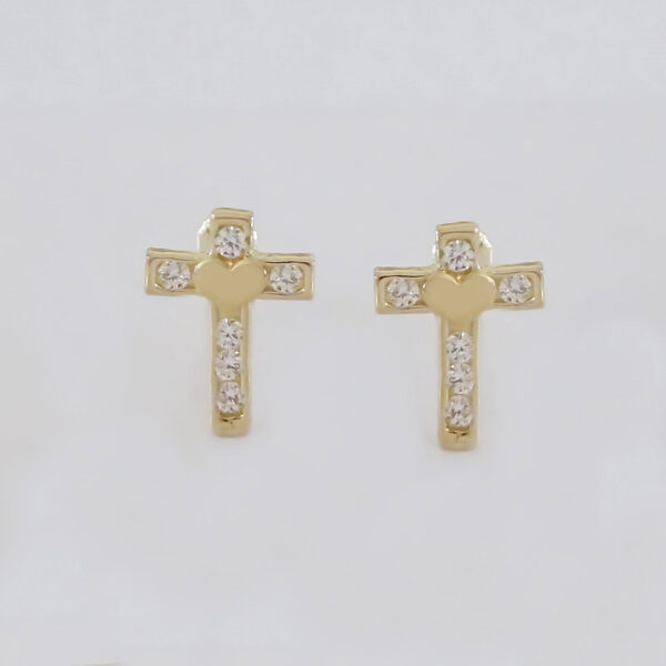 Amor Eterno - Broquel Aretes Cruz Corazón Diamante / Oro 10k - Imagen 4