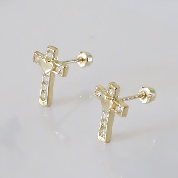 Amor Eterno - Broquel Aretes Cruz Corazón Diamante / Oro 10k - Imagen 7