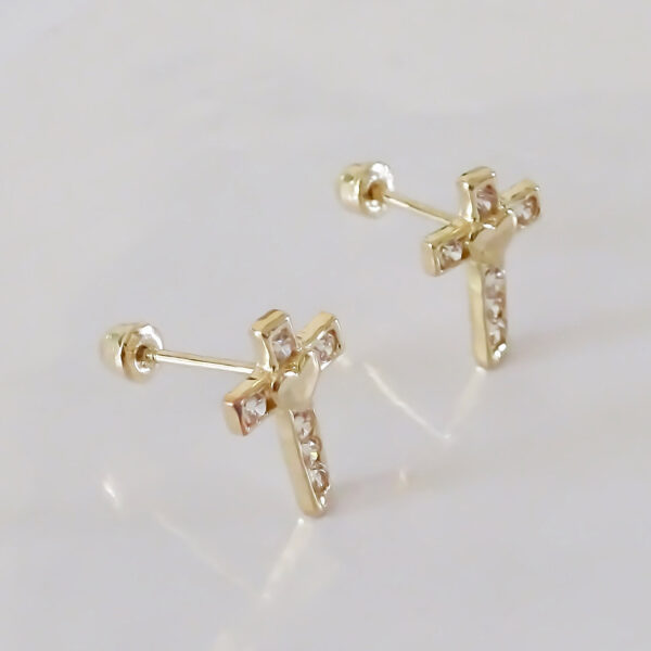 Amor Eterno - Broquel Aretes Cruz Corazón Diamante / Oro 10k - Imagen 5