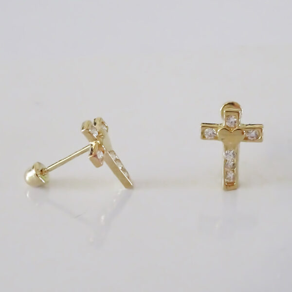 Amor Eterno - Broquel Aretes Cruz Corazón Diamante / Oro 10k - Imagen 6