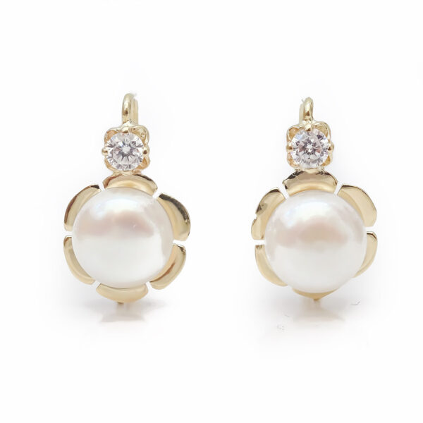 Amor Eterno - Arracada Flor Perla Diamante Aretes / Oro 10k