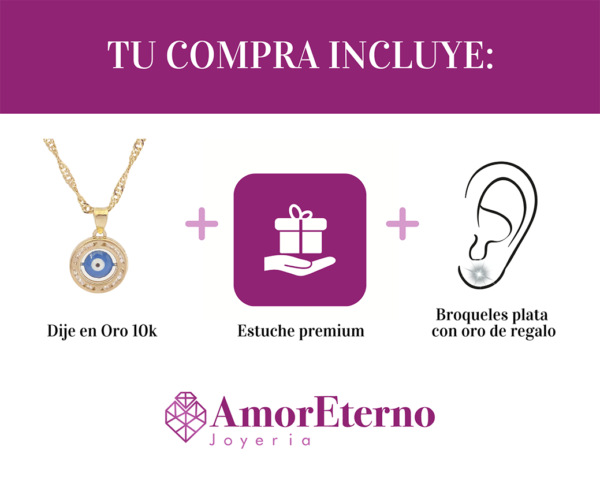 Amor Eterno - Dije / Protección Ojo Turco Oro 10k + Cadena de Regalo / Azul - Imagen 9