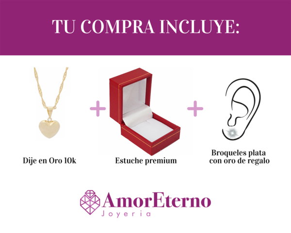 Amor Eterno - Dije Y Aretes Corazón Oro10k + Cadena Regalo - Imagen 9