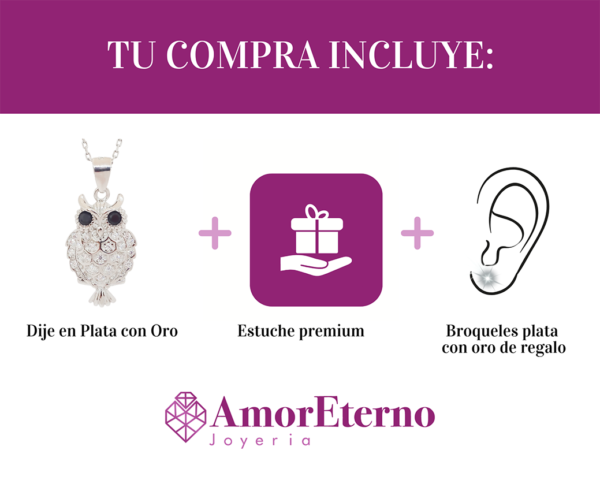 Amor Eterno - Dije + Cadena Regalo Plata Oro 24k / Búho - Imagen 8