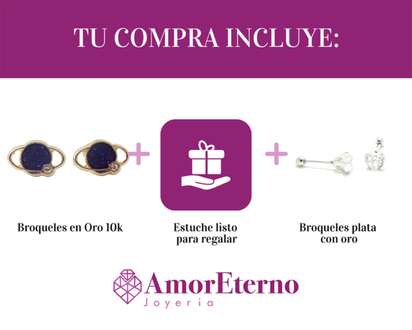 Amor Eterno - Broqueles Deluxe Saturno / Aretes / Oro 10k / Morado - Imagen 8