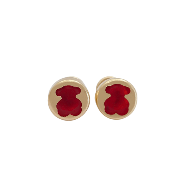 Amor Eterno - Broqueles Osito Tambor Mediano / Aretes Oro 10k / Rojo