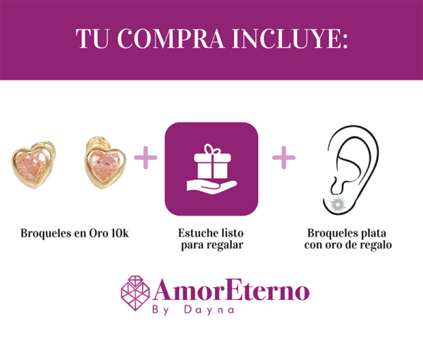 Amor Eterno - Broquel Corazón Bisel Mini Bebé Aretes Oro 10k / ROSA - Imagen 9