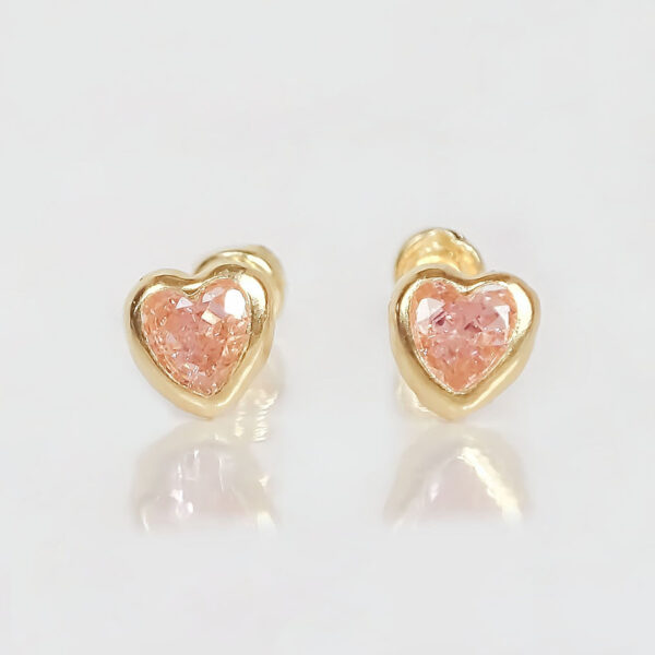 Amor Eterno - Broquel Corazón Bisel Mini Bebé Aretes Oro 10k / ROSA - Imagen 4