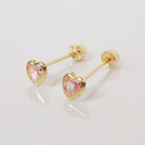 Amor Eterno - Broquel Corazón Bisel Mini Bebé Aretes Oro 10k / ROSA - Imagen 7