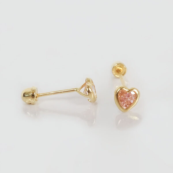 Amor Eterno - Broquel Corazón Bisel Mini Bebé Aretes Oro 10k / ROSA - Imagen 6