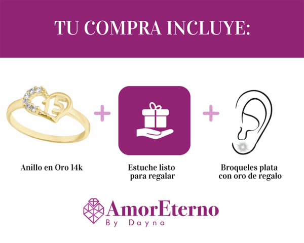 Amor Eterno - Anillo Xv Años Corazón En Oro 14k Sólido - Imagen 7