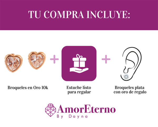 Amor Eterno - Broquel Corazón Bisel #6 / Aretes Oro 10k / ROSA - Imagen 9