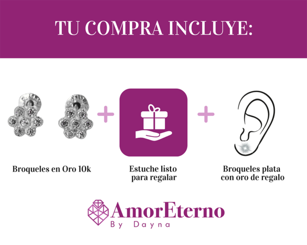 Amor Eterno - Broqueles Roseta Bebé / Aretes Oro 10k / Blanco - Imagen 9