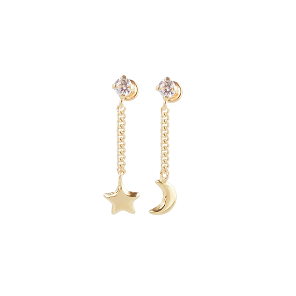 Amor Eterno- Broqueles Luna Estrella Cadena / Aretes Oro 10k