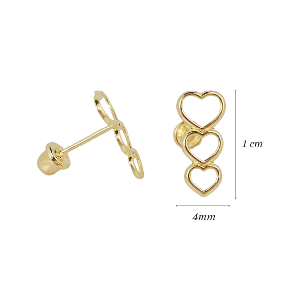 Amor Eterno - Broqueles 3 Corazones / Aretes Oro Sólido 10k - Imagen 2