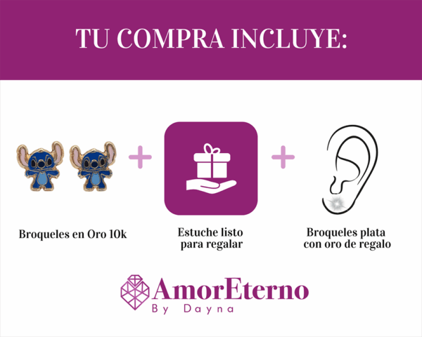 Amor Eterno - Broqueles Stich / Aretes Oro 10k - Imagen 9