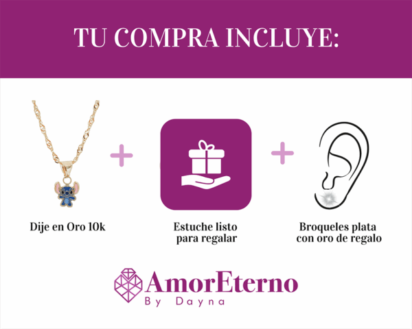 Amor Eterno - Dije Stich / Oro Sólido 10k + Cadena De Regalo - Imagen 9