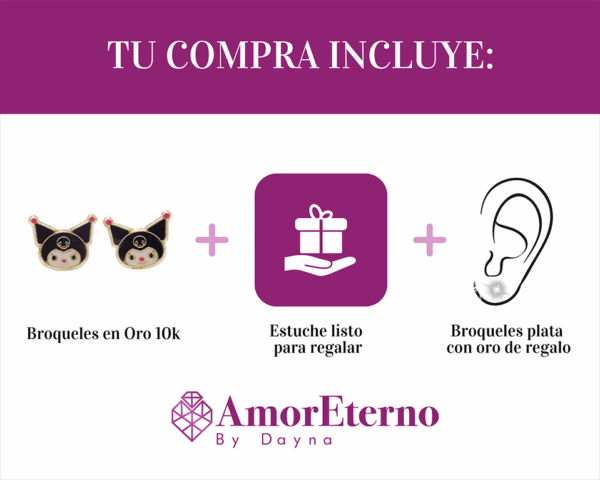 Amor Eterno - Broqueles / Kuromi Carita / Aretes Oro 10k - Imagen 9