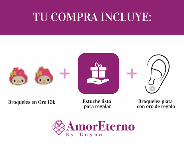 Amor Eterno - Broqueles / My Melody Carita / Aretes Oro 10k - Imagen 9